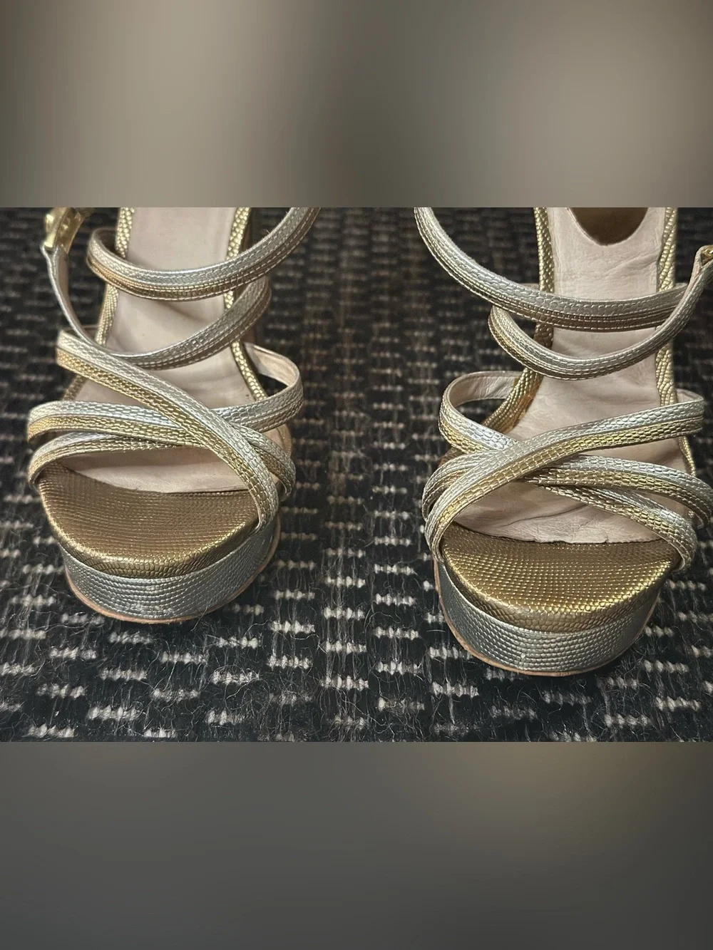 Michael Kors “Cicely” Silver & Gold Leather Strappy Platform Stiletto Heels